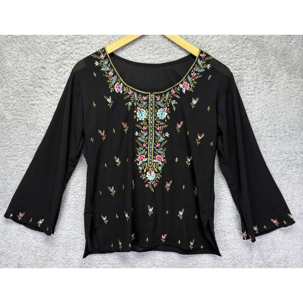 Unbranded Top Kurti Top‎ Black Sheer Floral Embroidery Sequin V Neck Small